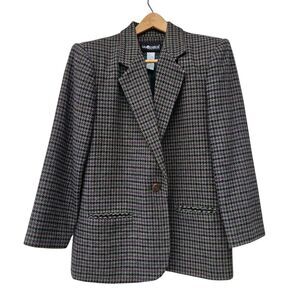 Vintage Sag Harbor Houndstooth Wool Blend Blazer Size 14 Petite One Button